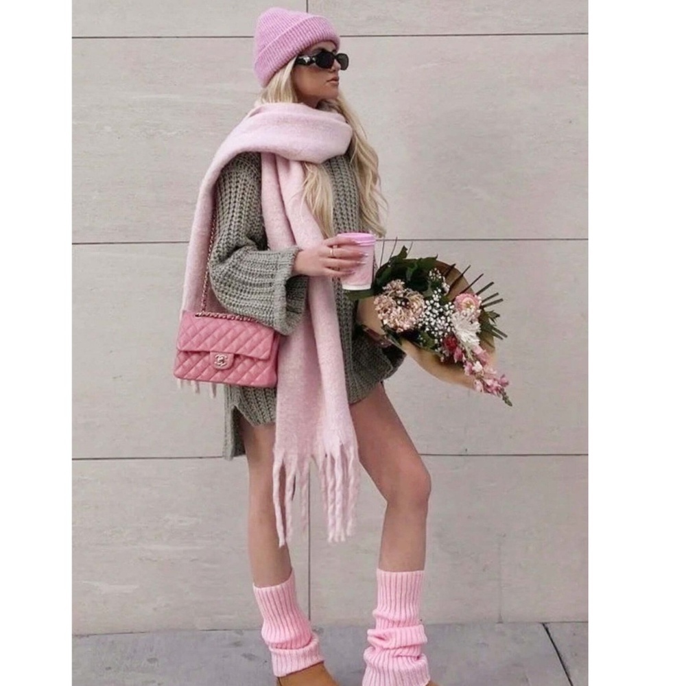 Baby Pink Wide Shawl Scarf With Tassels Fuzzy Knit